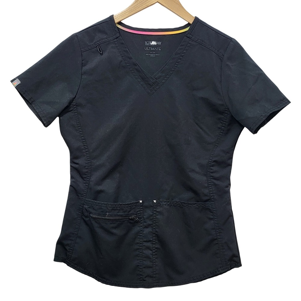 Scrubstar Ultimate Womens Black V-Neck Scrub Top XS WM12T900A Zipper Pocket